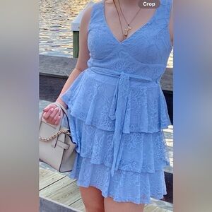 City Studio Light Blue ruffled short dress with floral lace